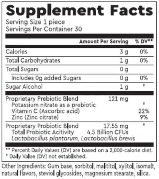 Prebiotic Nitrate Chewing Gum 30 Pieces by Berkeley Life Supplement Label