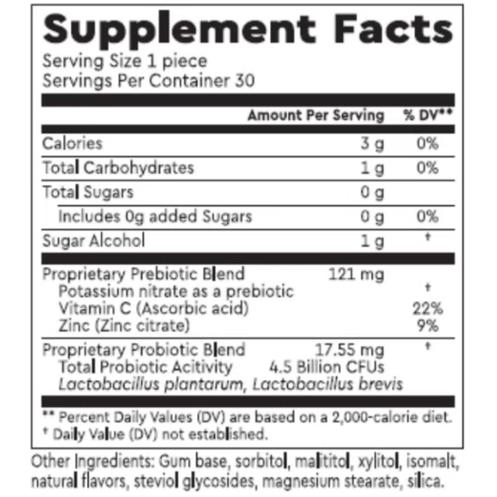 Prebiotic Nitrate Chewing Gum 30 Pieces by Berkeley Life Supplement Label