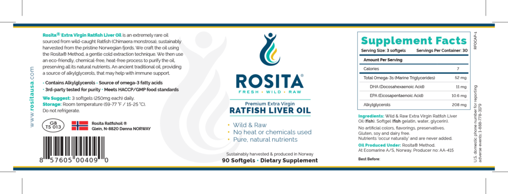 Premium Extra Virgin Ratfish Liver Oil 90 Softgels by Rosita Real Foods information label