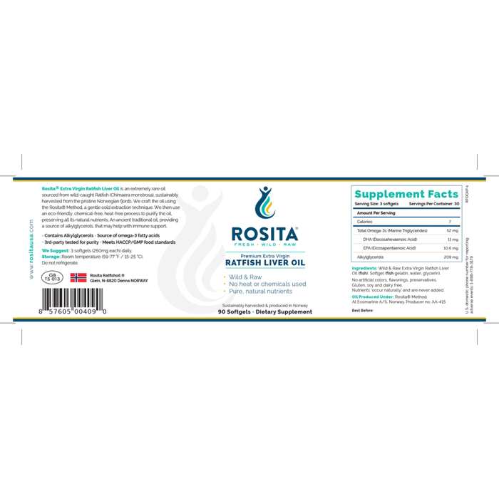 Premium Extra Virgin Ratfish Liver Oil 90 Softgels by Rosita Real Foods information label