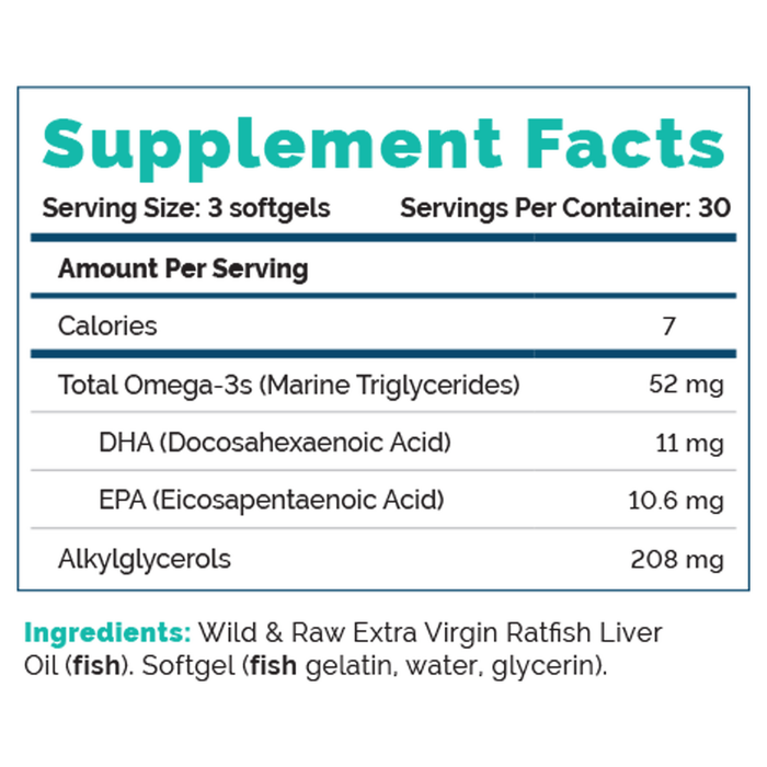 Premium Extra Virgin Ratfish Liver Oil 90 Softgels by Rosita Real Foods supplement facts label
