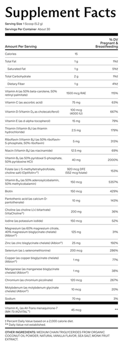 Needed Prenatal Multi Vanilla powder supplement, 156 gram canister - supplement facts