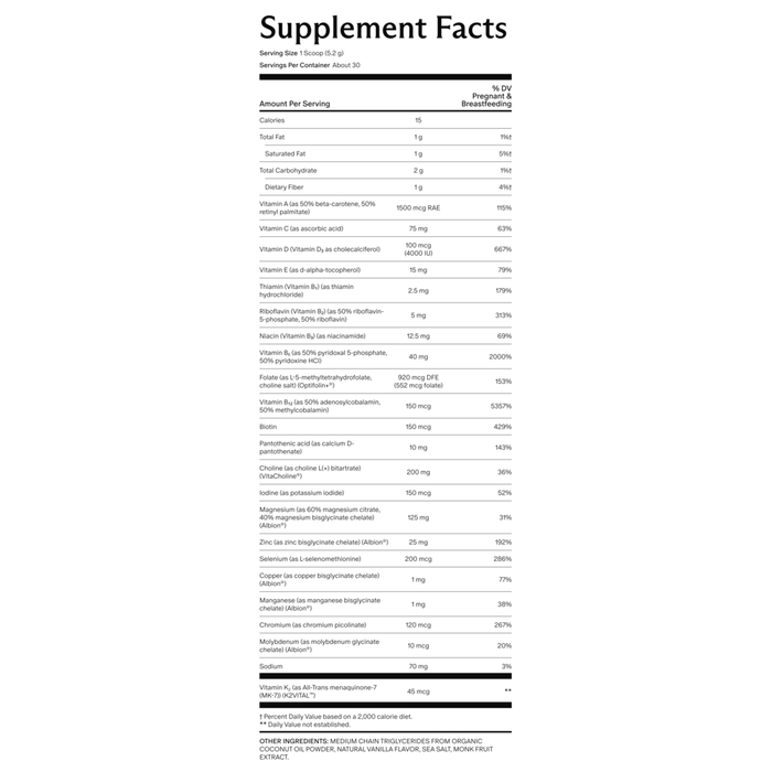 Needed Prenatal Multi Vanilla powder supplement, 156 gram canister - supplement facts