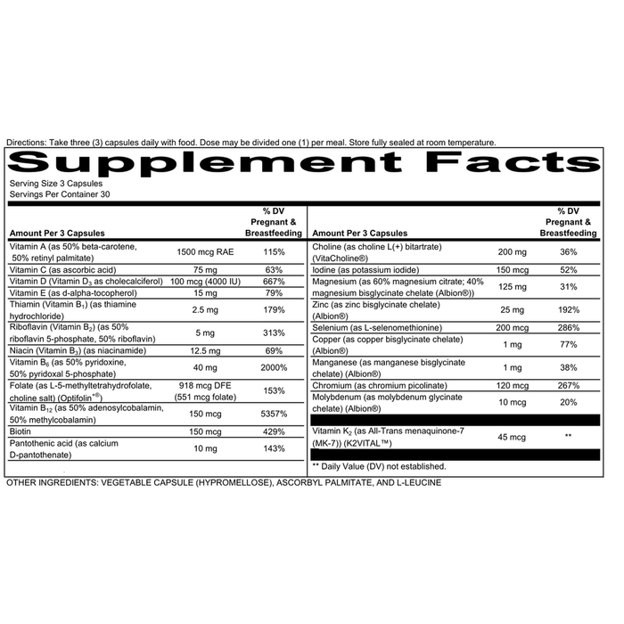 Needed Prenatal Multi 90 Capsules – Supplement Facts - Non-GMO, Vegan, Gluten-Free Prenatal Vitamin with Methylated Folate and Methylcobalamin B12