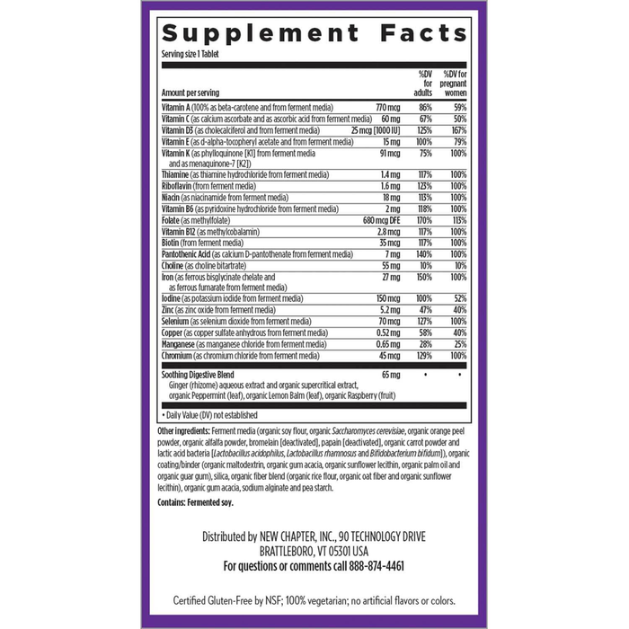 Prenatal One Daily 35+ 30 Tablets by New Chapter supplement facts label

