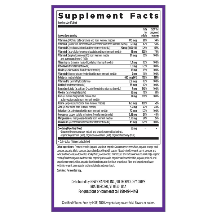 Prenatal One Daily by New Chapter 90 tablets supplement facts label
