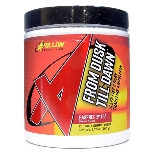 A container of Apollon Nutrition From Dusk Till Dawn sleep formulation in raspberry tea flavor.