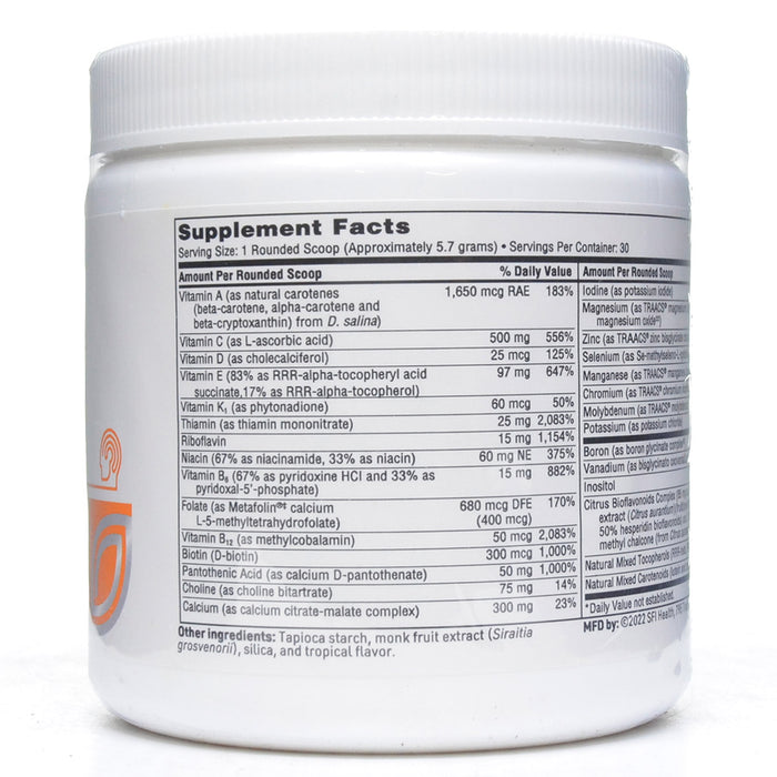 Supplement container with label showing supplement facts on a white background