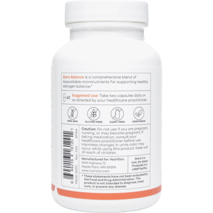 NutriDyn Estro Balance supplement label on a white background 120 caps
