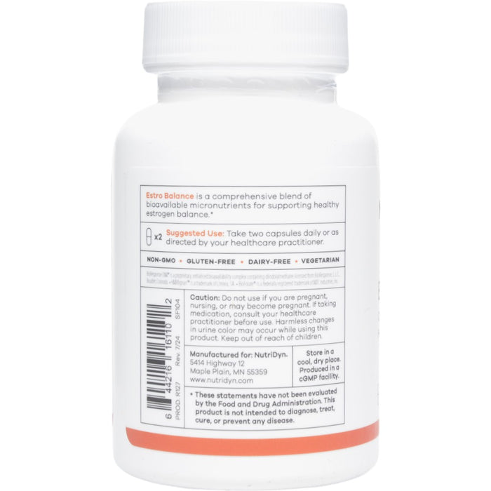 NutriDyn Estro Balance supplement label on a white background 60 caps