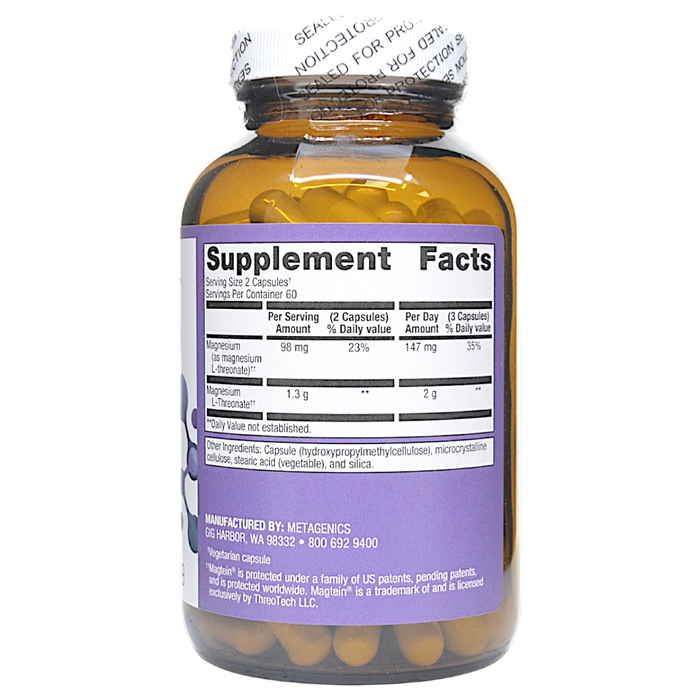 Magtein Magnesium L-Threonate 1300 mg 120 Capsules Supplement Facts