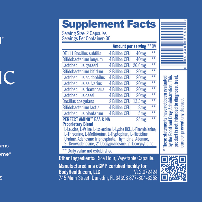 Probiotic - Enhanced with PerfectAmino by BodyHealth Supplement Facts