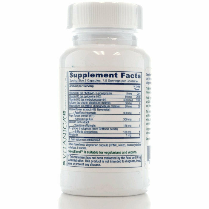Product label image of SleepBlend 15 caps by Vitanica Supplement Facts