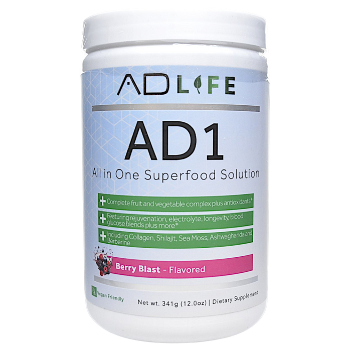 Canister of Project AD's AD1 24 servings Berry Blast