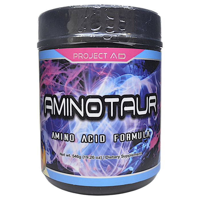Canister of Project AD's Aminotaur 30 servings OMG! Orange Mango Guava