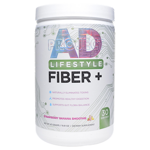 Canister of Project AD's Fiber+ 30 servings Strawberry Banana Smoothie