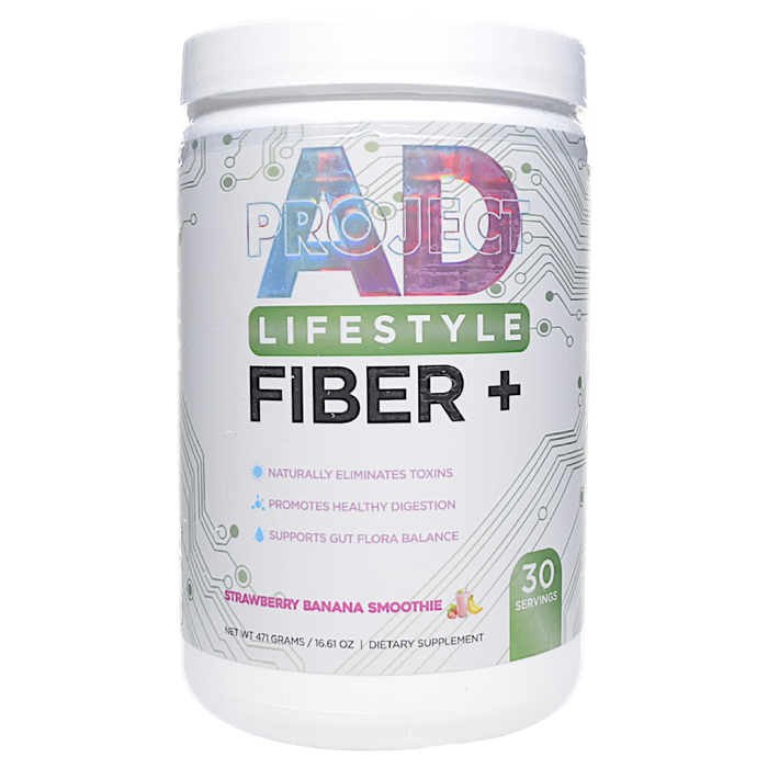 Canister of Project AD's Fiber+ 30 servings Strawberry Banana Smoothie