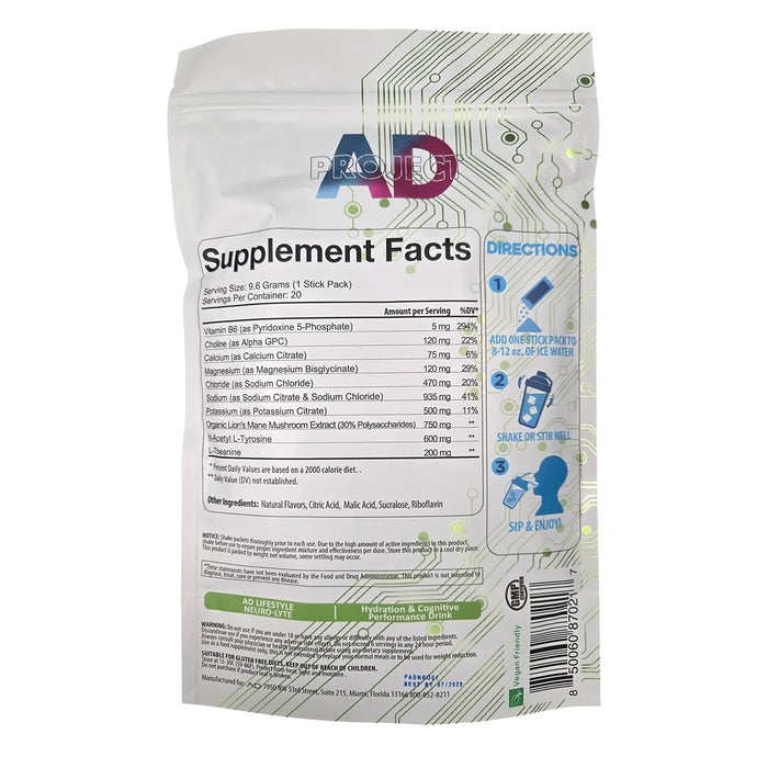 Project AD's Neuro-Lyte 20 stick packs Fresh Pressed OJ Supplement Facts