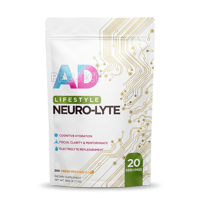 Bag of Project AD's Neuro-Lyte 20 stick packs Fresh Pressed OJ