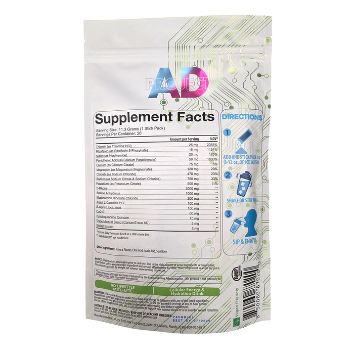 Project AD's Neuro-Lyte 20 stick packs Lemon Squeeze Supplement Facts