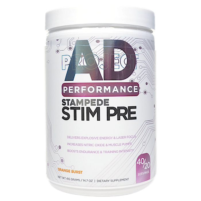 Canister of Project AD's Stampede 40/20 servings Orange Burst