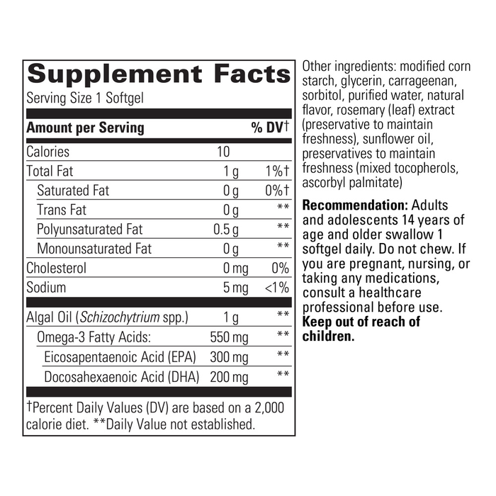 Pure Omega Algae 30 Softgels by Integrative Therapeutics supplement facts label