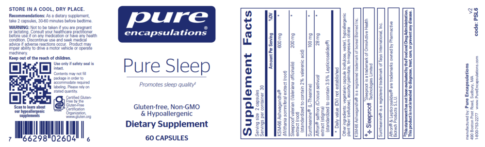 Pure Sleep Capsules 60 Capsules by Pure Encapsulations information label
