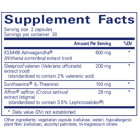 Pure Sleep Capsules 60 Capsules by Pure Encapsulations supplement facts label
