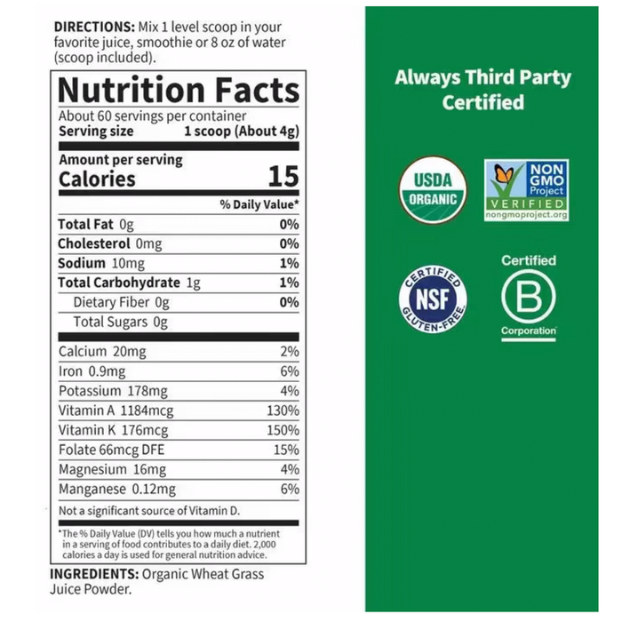 Raw Organic Perfect Food Wheat Grass Juice Unflavored 60 Servings by Garden of Life nutrition facts label