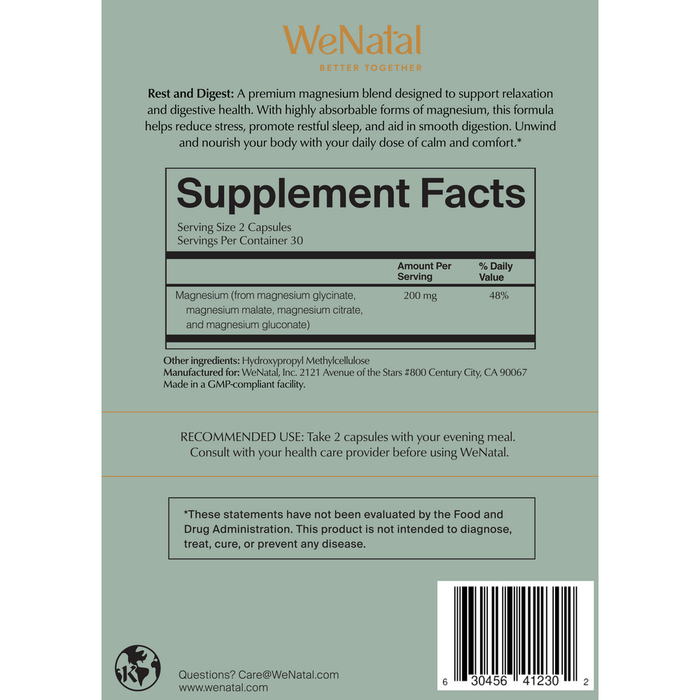 Rest + Digest Magnesium 60 Capsules by WeNatal supplement facts label
