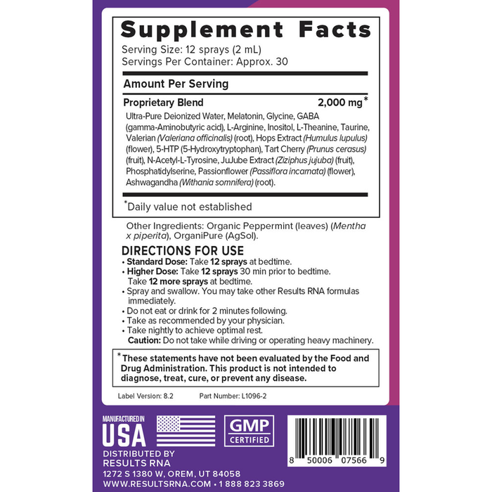Resteva Sleep Extra Strength by Results RNA 2 fl oz supplement facts label