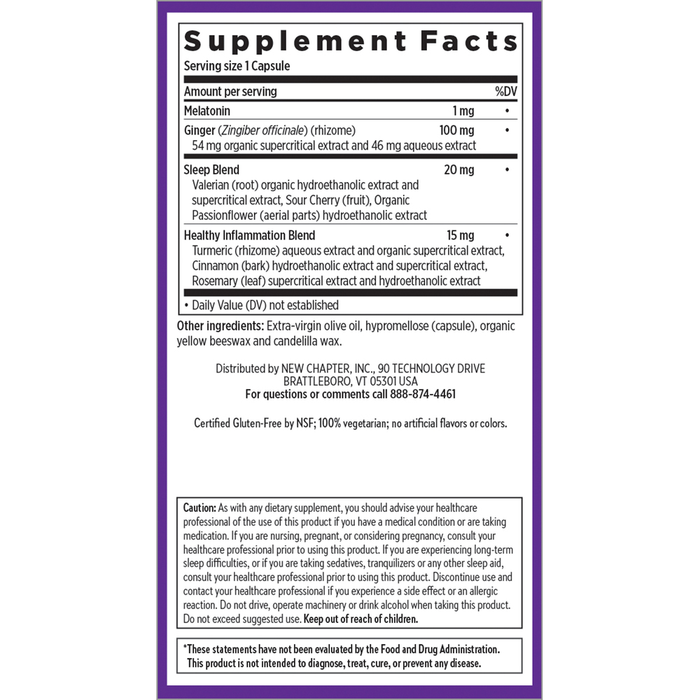 Restful Sleep + Pain 30 Capsules by New Chapter supplement facts label

