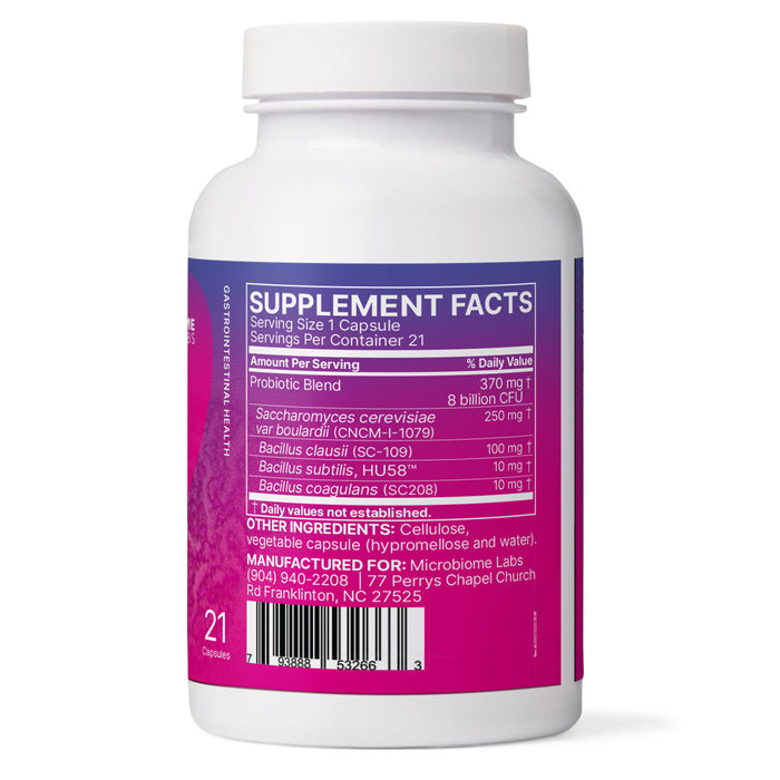 Supplement bottle with purple label on a white background