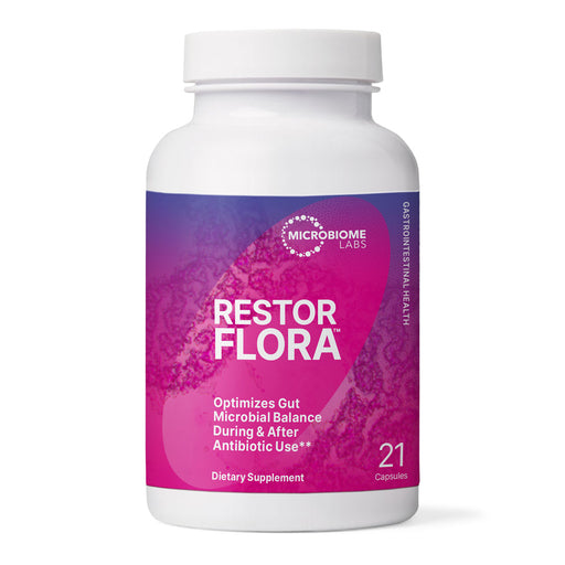 Supplement bottle labeled 'Restor Flora' with a purple label on a white background