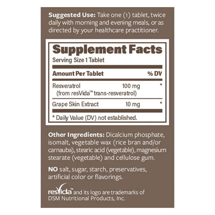 Resveratrol 100mg 150 Tablets by Endurance Products supplement facts label

