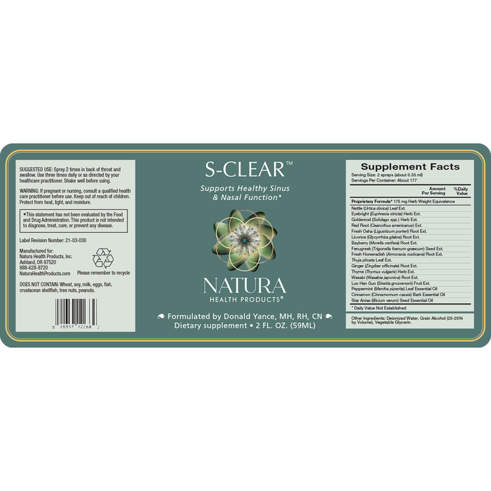 S-Clear Spray 2 fl oz by Natura Health Products Supplement Facts