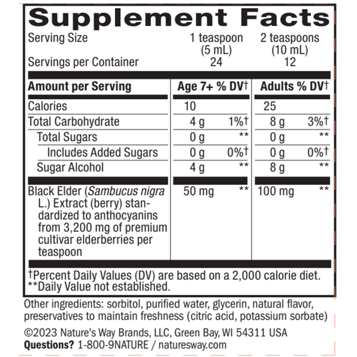 Nature's Way, Sambucus Sugar Free Syrup Supplement Facts