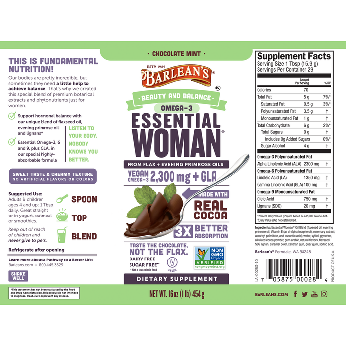 Seriously Delicious Chocolate Mint Essential Woman 16 oz by Barlean's Organic Oils supplement facts and recommendations label