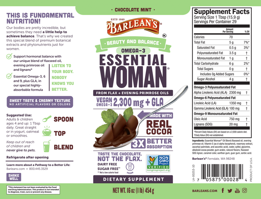 Seriously Delicious Chocolate Mint Essential Woman 16 oz by Barlean's Organic Oils supplement facts and recommendations label
