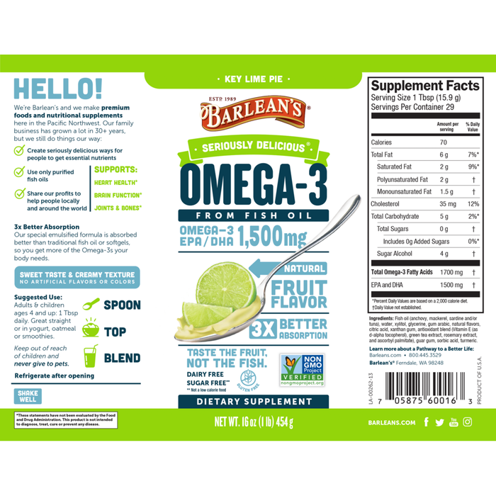 Seriously Delicious High Potency Key Lime Pie 16 oz by Barlean's Organic Oils recommendations label