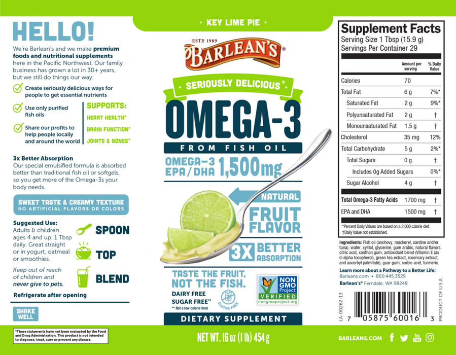 Seriously Delicious High Potency Key Lime Pie 16 oz by Barlean's Organic Oils recommendations label