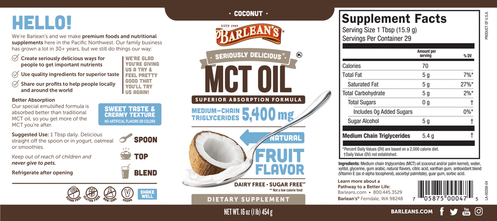 Seriously Delicious MCT Coconut 16 oz by Barlean's Organic Oils recommendations label