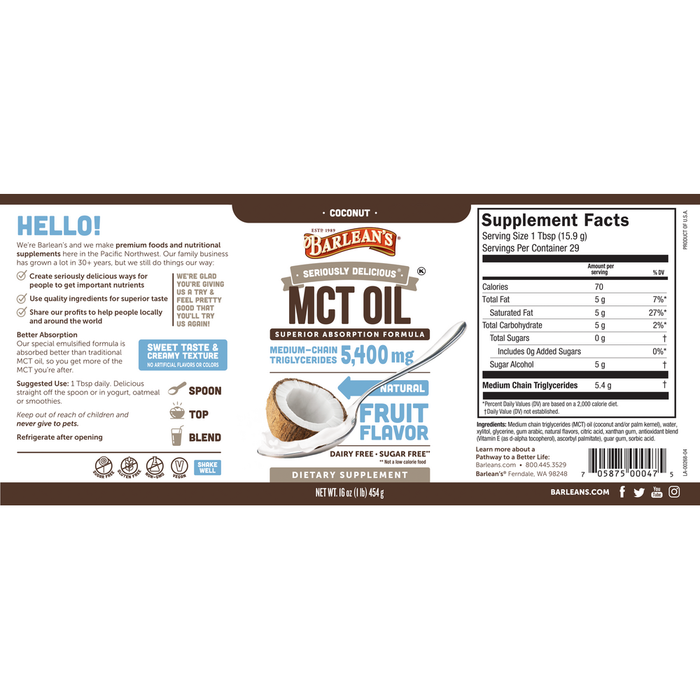 Seriously Delicious MCT Coconut 16 oz by Barlean's Organic Oils recommendations label