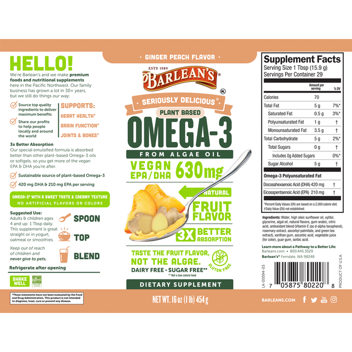 Seriously Delicious Omega-3 from Algae Oil, Ginger Peach 16 oz by Barlean's Organic Oils recommendations and supplement facts  label