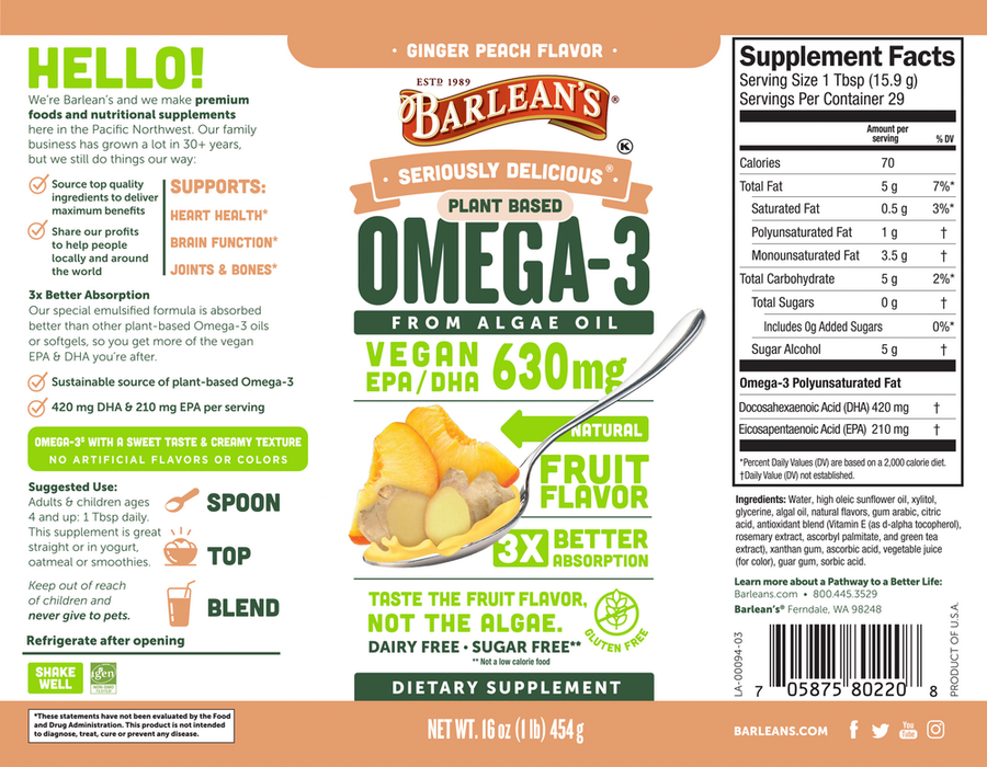 Seriously Delicious Omega-3 from Algae Oil, Ginger Peach 16 oz by Barlean's Organic Oils recommendations and supplement facts  label