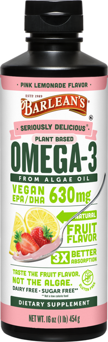 Seriously Delicious Omega-3 from Algae Oil Pink Lemonade 16 oz by Barlean's Organic Oils