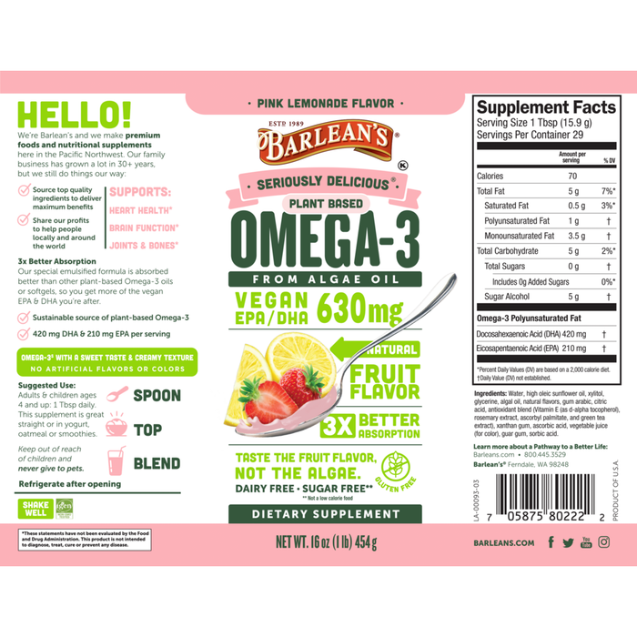 Seriously Delicious Omega-3 from Algae Oil Pink Lemonade recommendations label