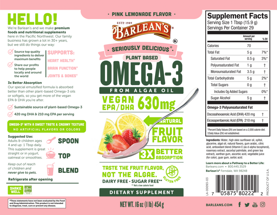 Seriously Delicious Omega-3 from Algae Oil Pink Lemonade recommendations label