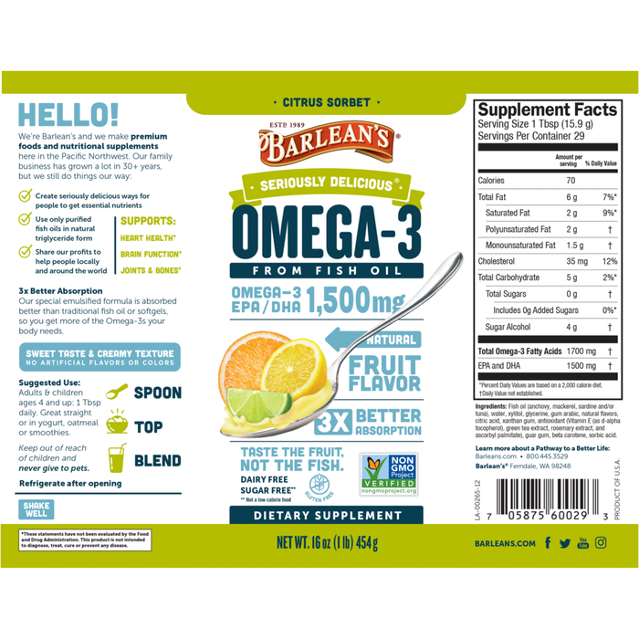 Seriously Delicious Omega-3 from Fish Oil 16 oz by Barlean's Organic Oils Citrus Sorbet supplement facts label