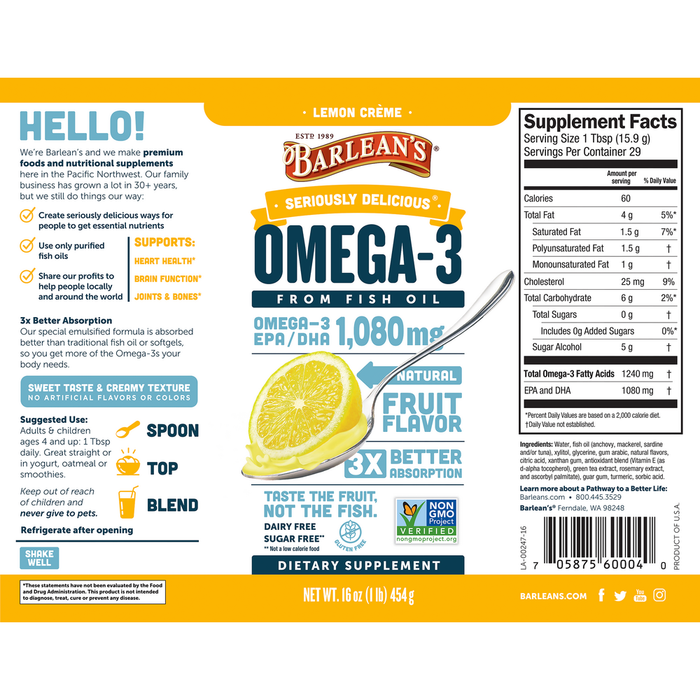 Seriously Delicious Omega-3 from Fish Oil 16 oz by Barlean's Organic Oils lemon creme smoothie supplement facts label